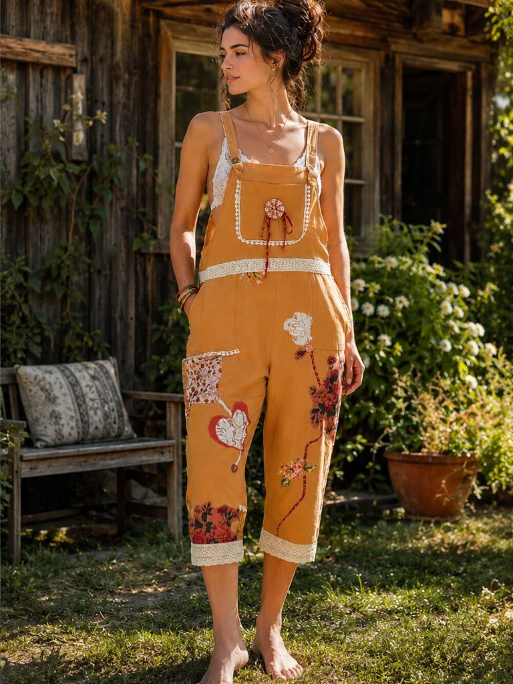 Handmade Upcycled Boho Linen Cotton Jumpsuit М OOAK Cottagecore Art Wear